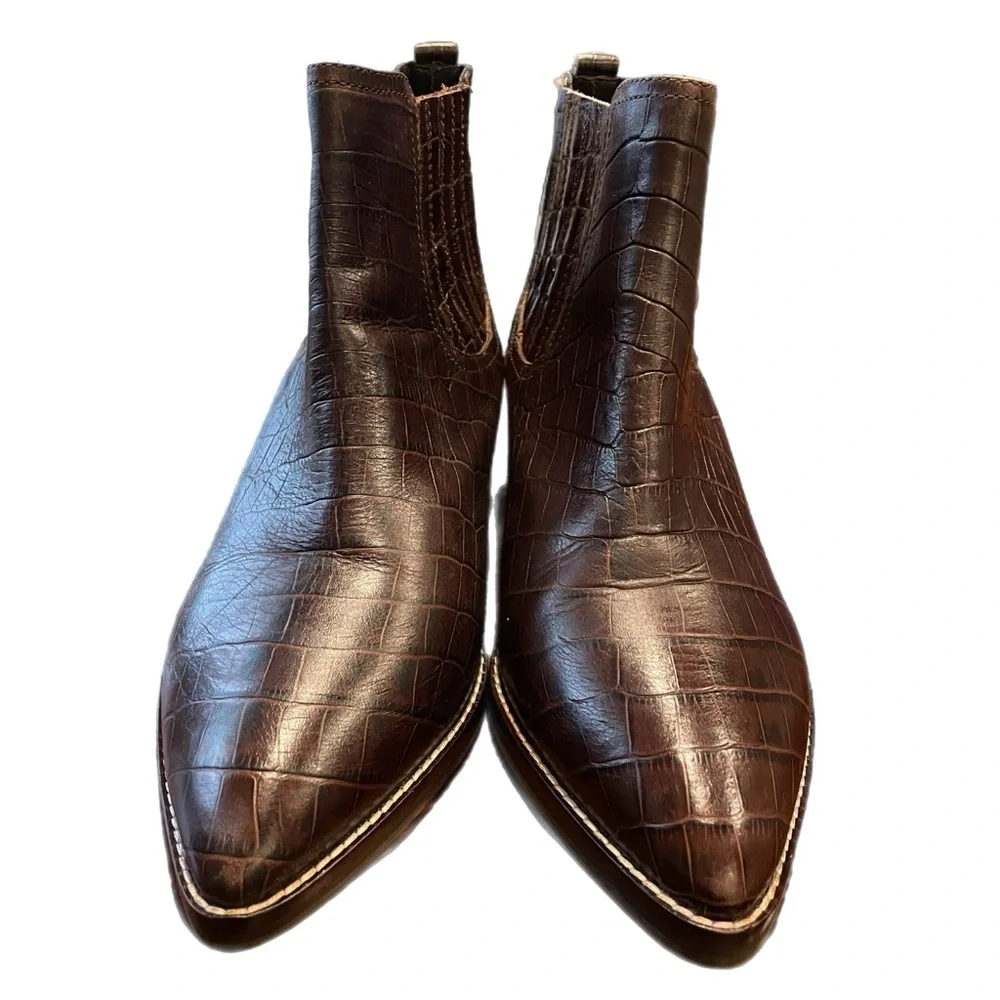 Boden Burwell Croc Embossed Leather Ankle Boot Brown Size 39/US 8.5 BB4